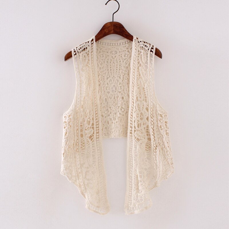 sixsr Asymmetric Open Stitch Cardigan Summer Beach Boho Hippie People Style Crochet Knit Embroidery Blouse sleeveless Vest