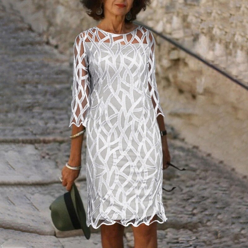 sixsr Fashion Trends Embroidered Dress Half Sleeve Casual Dress Sexy See-through Patchwork Lace Party Dress Women Fashion O Neck Loose Pullover Dress