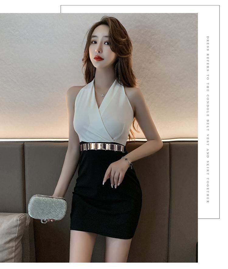 Summer New Women's Fashion Sexy V-Neck Design Tight Sleeveless Short Dress Elegant Slim Office Ladies Contrast Color A-line