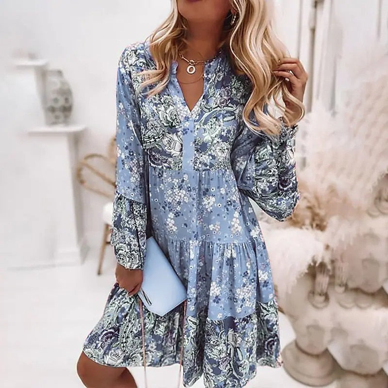 Spring summer v-neck floral short-sleeved dress