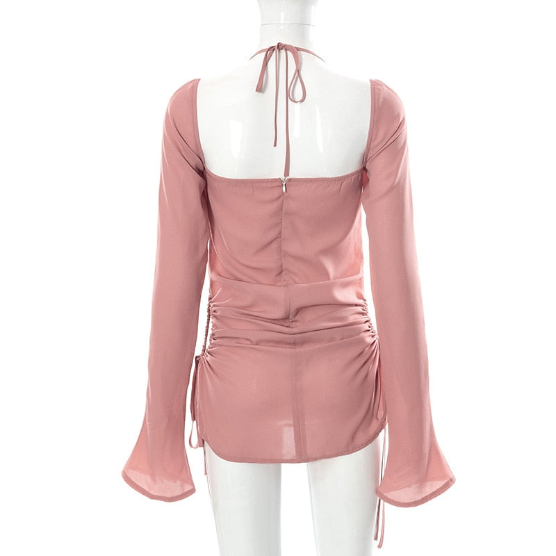 Sixsr Going Out Outfits Spring Elegant Cut Out Halter Bodycon Mini Dress Women Sexy Flare Long Sleeve Drawstring Backless Party Dresses