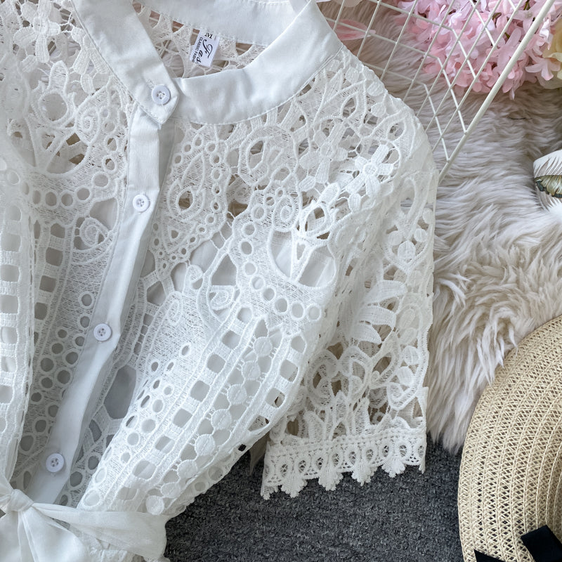 Sixsr Women Elegant Hollow Out Lace Dress Office Lady Summer Solid O-Neck Button up Sashes Midi Dress Female Chic Short Sleeve Dress