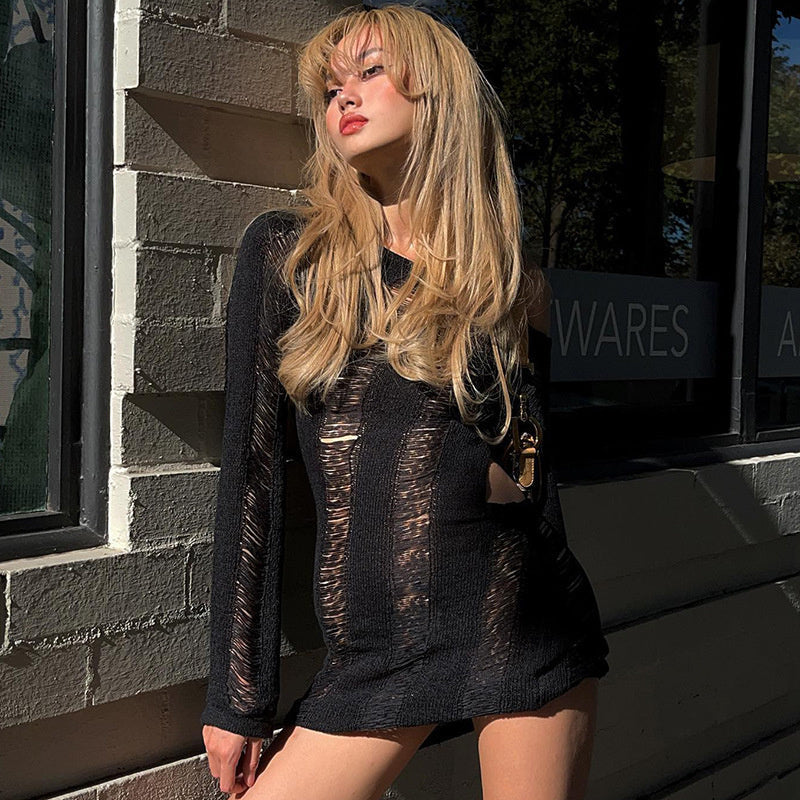 sixsr Fashion Trends Round Collar See Through Dress Women Sexy Long Sleeve Elegant Beachwear Hollow Out Backless Knitted Female Dress Summer