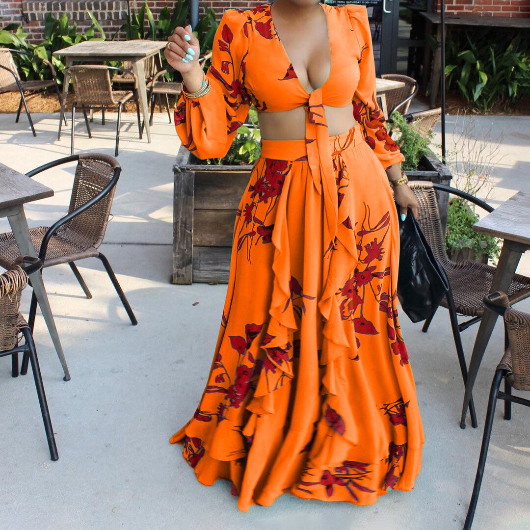 sixsr Summer Fashion African Women Long Sleeve V-neck Polyester Printing Yellow Orange Green Two Pieces Sets Top and Long Skirts