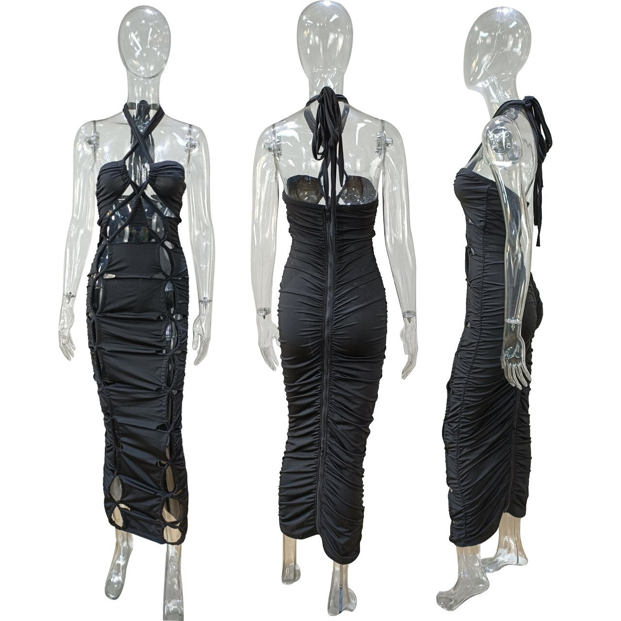 sixsr Sexy High Slit Lace Up Bodycon Dress for Women  Summer Halter Cut Out Evening Club Party Long Dresses Robe Femme y2k Clothes