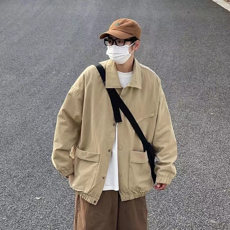 2024 Men's Japanese Vintage Lapel Collar Cargo Jackets Work Clothes Harajuku Loose Casual Coats Solid Color Outerwear M-2XL