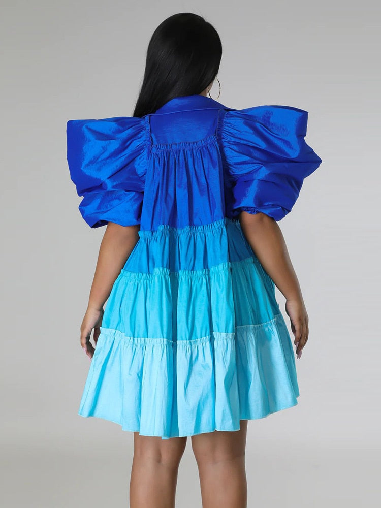 Women Causal Oversized Short Dress ruched Puff Sleeve Button Down Color Block Loose Shirt Dress Mini Summer Clothes New