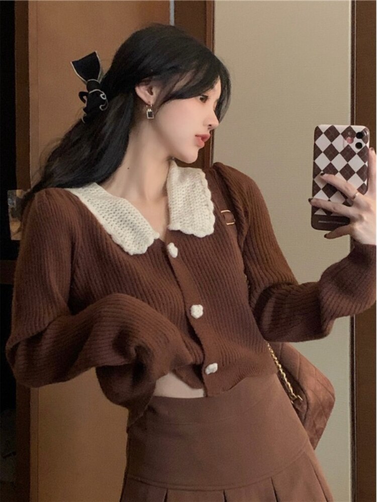 Sixsr Vintage Knitted Suit Women's Spring Korean Style Warm Mini Skirts Trend Chic Elegant Sweater Women's Skirt and Cropped Set