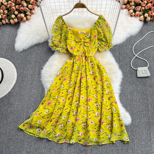 Sixsr Summer Outfits Ladies French Retro V-neck Floral Women Dress Elegant Draped Flowers Short Puff Sleeves Slim Fairy Mid-calf A-line Dress