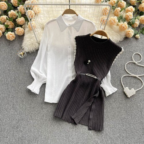 Sixsr Spring Outfits Women Sleeve White Shirt Fashion Two Piece Suit Red Cotton Sweater Vest Lady Casual Preppy Style White Belt