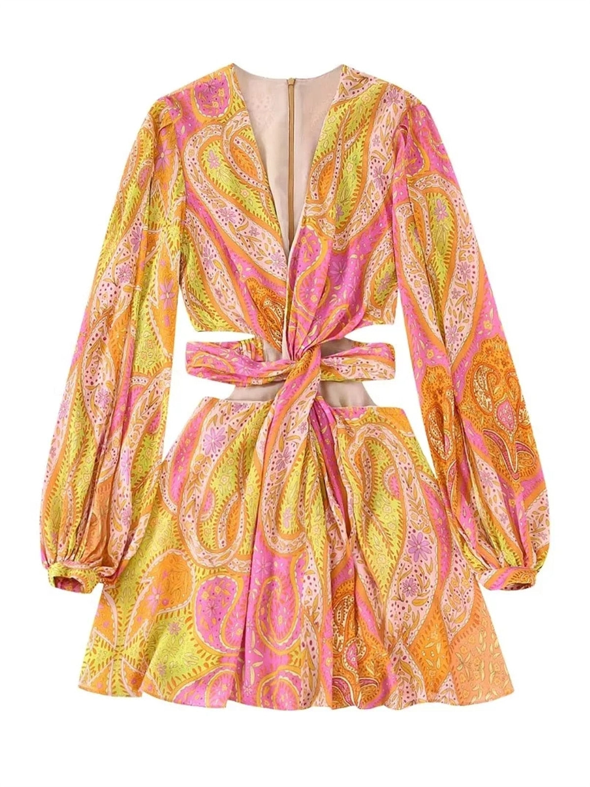 Summer Women Elegant With Print Hollow Out Mini Dress New Pleated Full Sleeves Tied V-Neck Back Zippers Vintage Vestidos