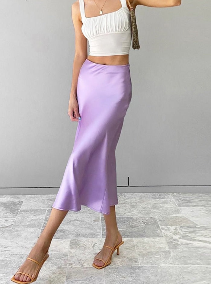 sixsr Solid Purple Satin Silk Skirt Women High Waisted Summer Long Skirt New Elegant Ladies Office Skirts Midi Spring