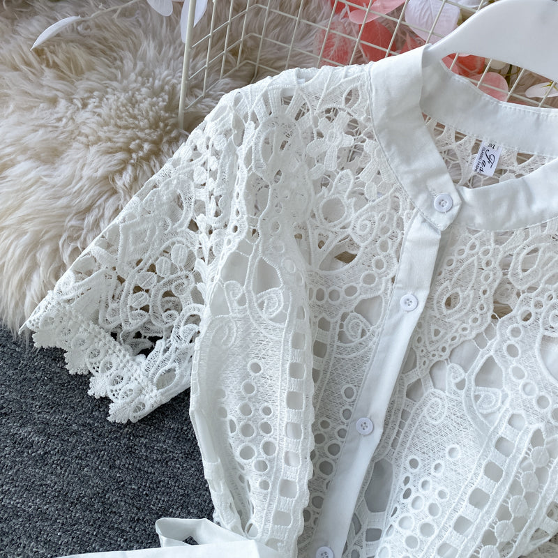 Sixsr Women Elegant Hollow Out Lace Dress Office Lady Summer Solid O-Neck Button up Sashes Midi Dress Female Chic Short Sleeve Dress