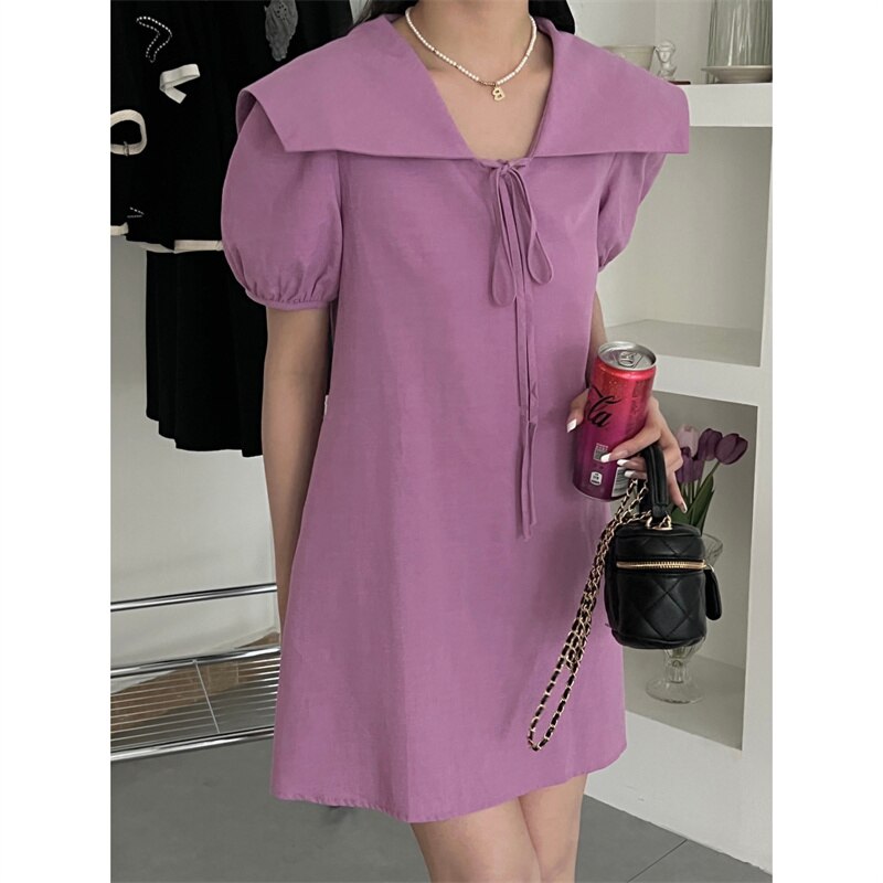 Solid Dress for Women Fashion High Waisted Short Sleeve Sailor Collar Lace Up Mini Dresses New Spring Summer Dress