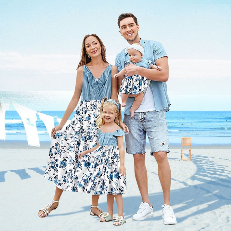 sixsr Trends Summer And Spring Mosaic Cotton Family Matching Floral Sets Flounce Dresses And Denim Tops Short Long Sleeve Family Look