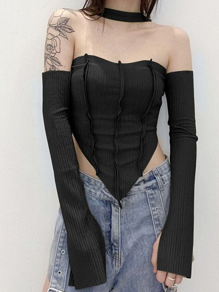 Sixsr Y2K Top Women Long Sleeve T-Shirts 2 Piece Tops Halter Tanks Backless Crop Top Off Shoulder Tees Sexy Christmas Clothes