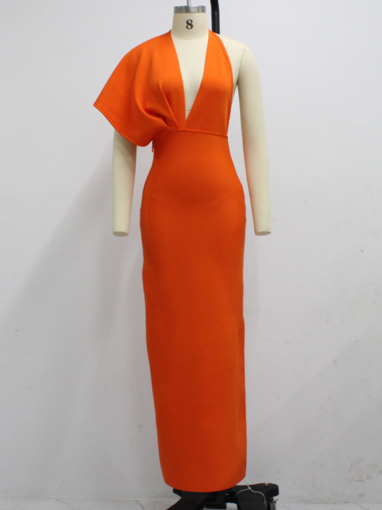 Fashion Trends Draped Backless Women Side Split Evening Club Party Dress New Sexy V Neck Orange Black Long Bandage Dress Vestidos