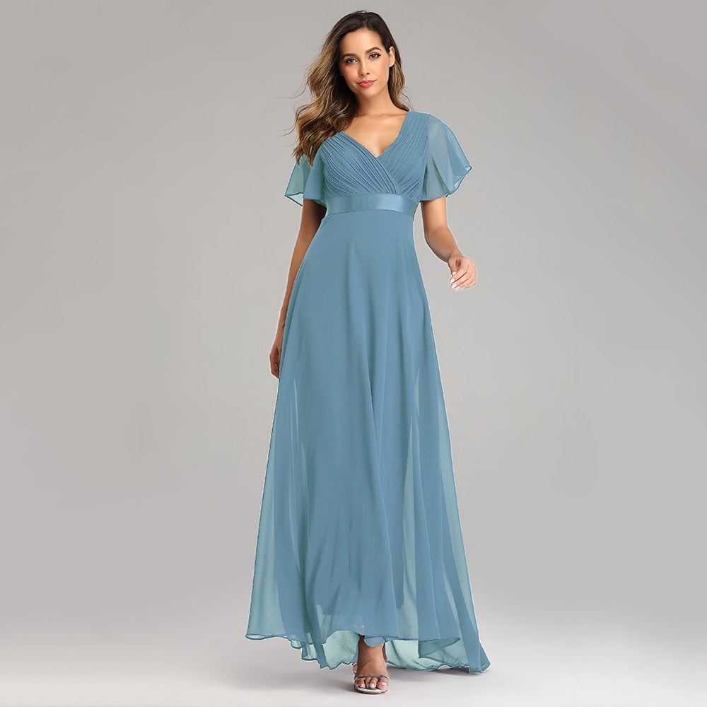 sixsr Evening Dresses Elegant V-Neck Ruffles Chiffon Formal Evening Gown Robe Vestidos De fiesta Dress for Wedding Party