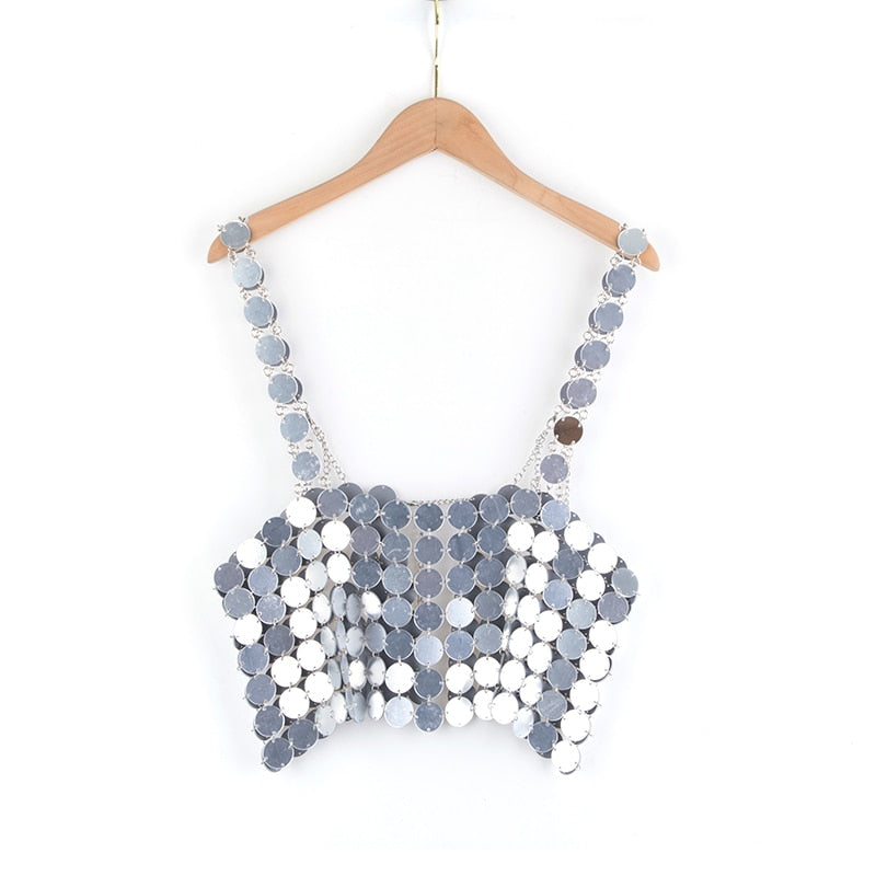 Leqoel Women Sequined Tank Tops for Women Fashion Female Clothing Shiny Metal Shoulder Strap Sexy Backless Mesh Crop Top