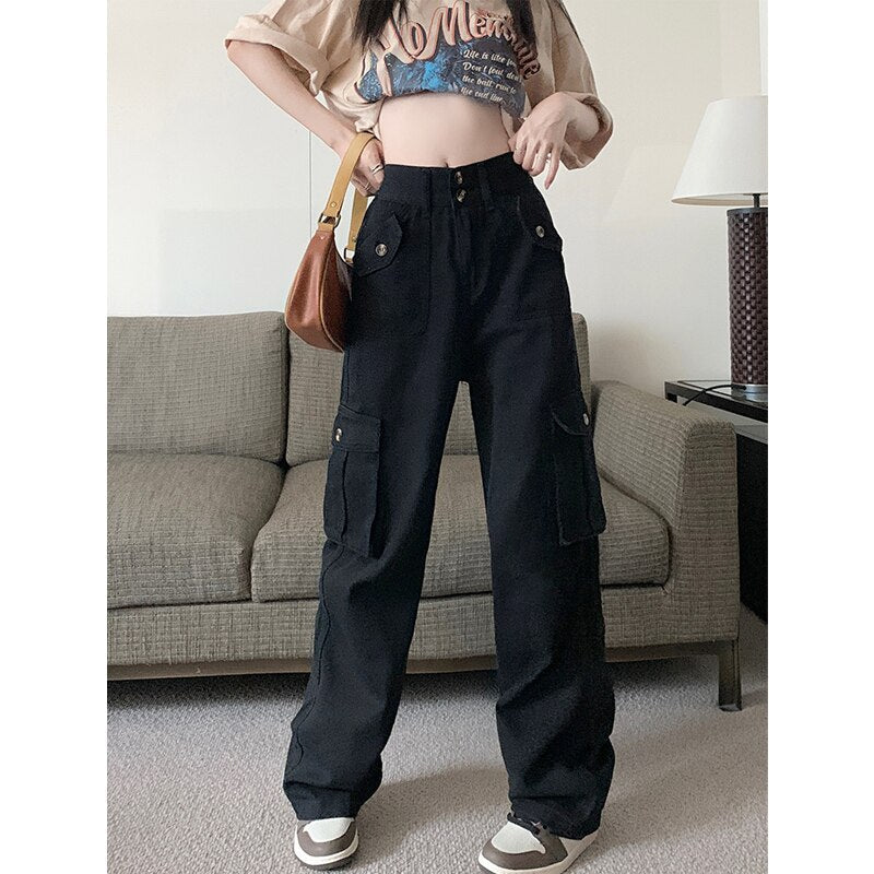 Cargo Pants for Women New High Waisted Pockets Korean Baggy Wide Leg Pants Streetwear Casual Full Length Pants