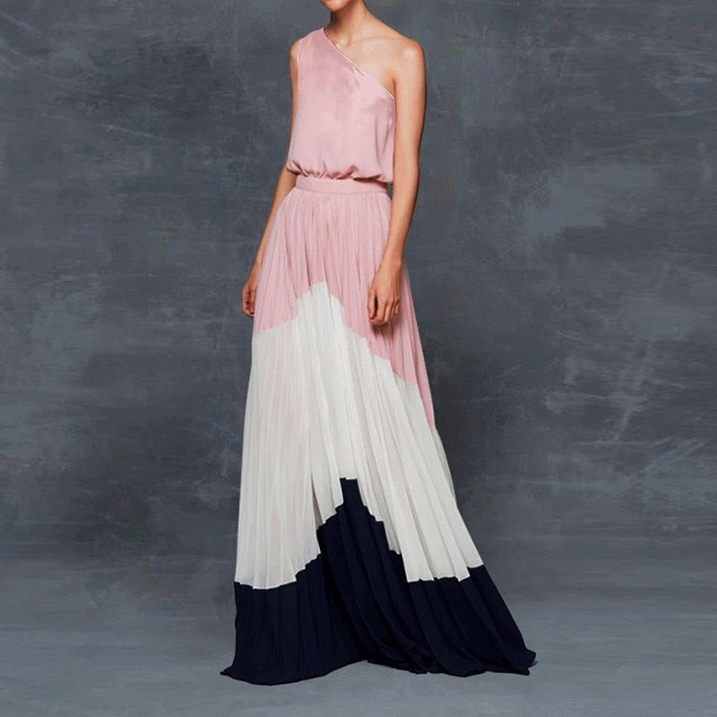 sixsr Summer Black Patchwork Inclined Off One Shoulder Women Dresses Contrast Color High Street Night Club Long Party Dress Clothing