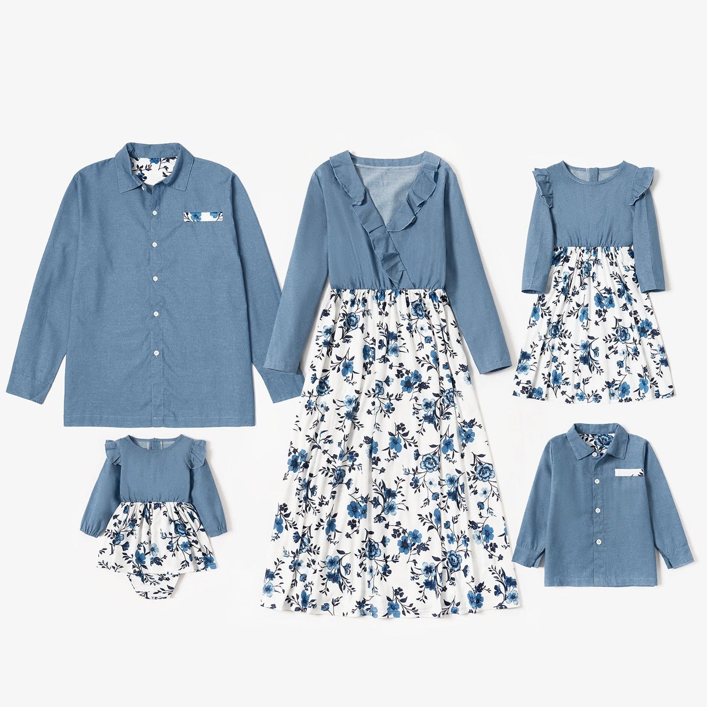 sixsr Trends Summer And Spring Mosaic Cotton Family Matching Floral Sets Flounce Dresses And Denim Tops Short Long Sleeve Family Look