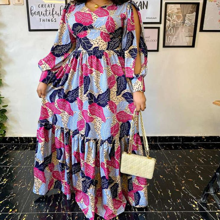 Summer Party Long Maxi Dress Women Long Sleeve Slit Vintage Printed Pleated Bohemian Beach Sundress Casual Vestido