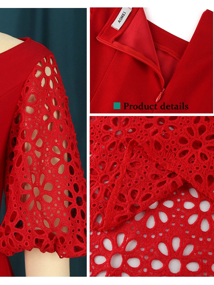 sixsr Women Red Dress Off Shoulder Lace Hollow Out Patchwork A Line Pleat Elegant Party Large Size Lady Female Homecoming Robes Gowns