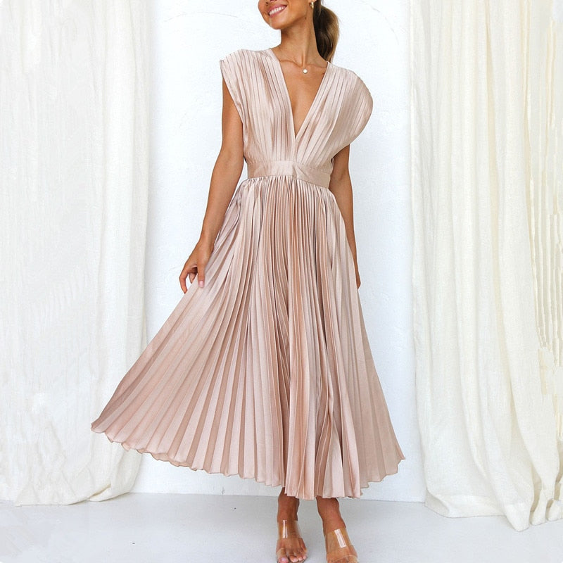 Spring Summer Sexy Women Dress Elegant Fashion Sleeveless V Neck Hollow Out Back Big Hem Pleated Dress