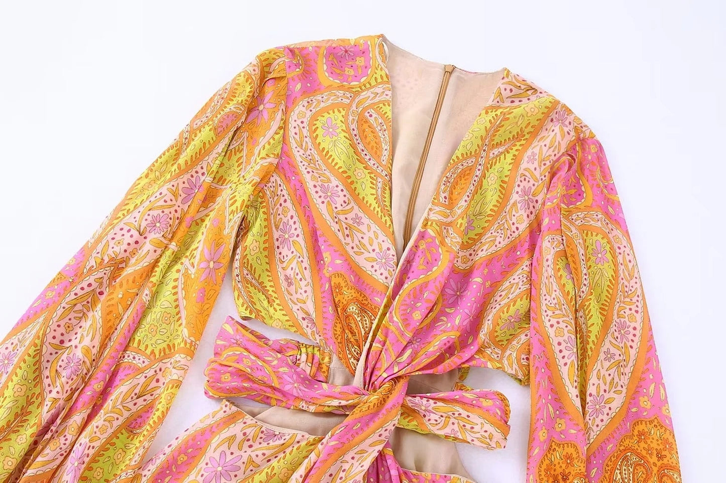 Summer Women Elegant With Print Hollow Out Mini Dress New Pleated Full Sleeves Tied V-Neck Back Zippers Vintage Vestidos