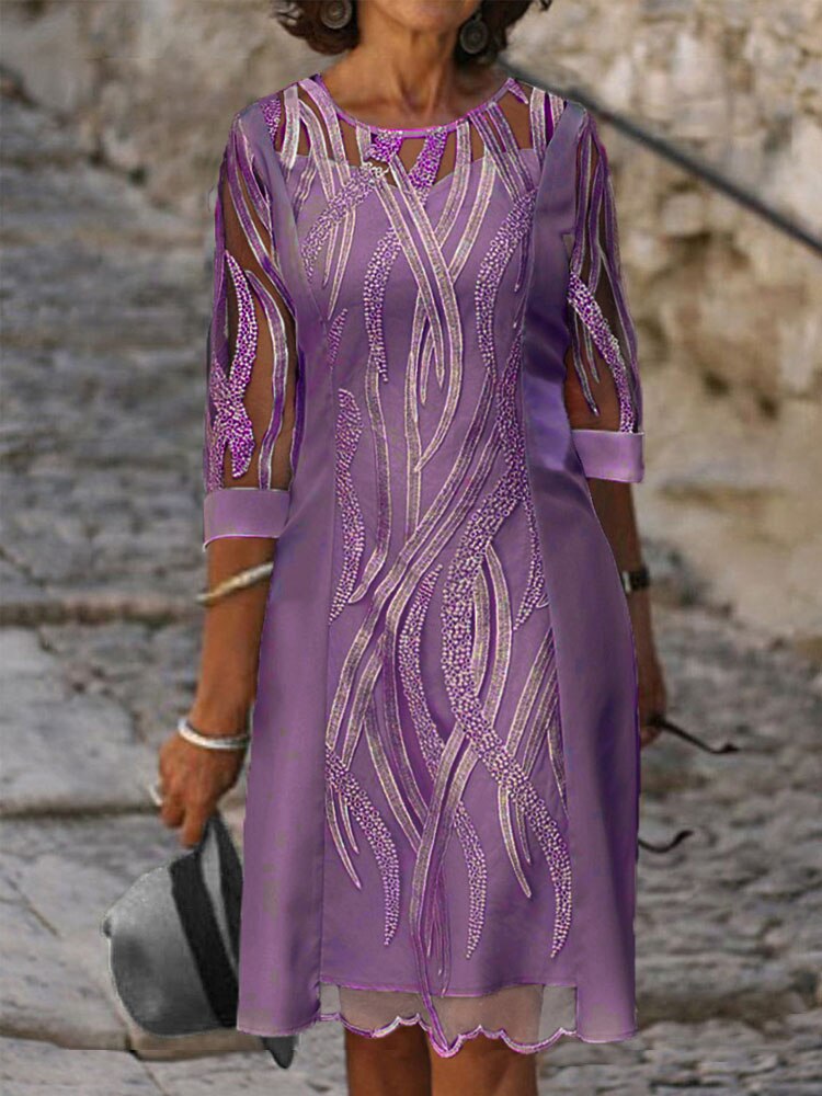 sixsr Fashion Trends Embroidered Dress Half Sleeve Casual Dress Sexy See-through Patchwork Lace Party Dress Women Fashion O Neck Loose Pullover Dress