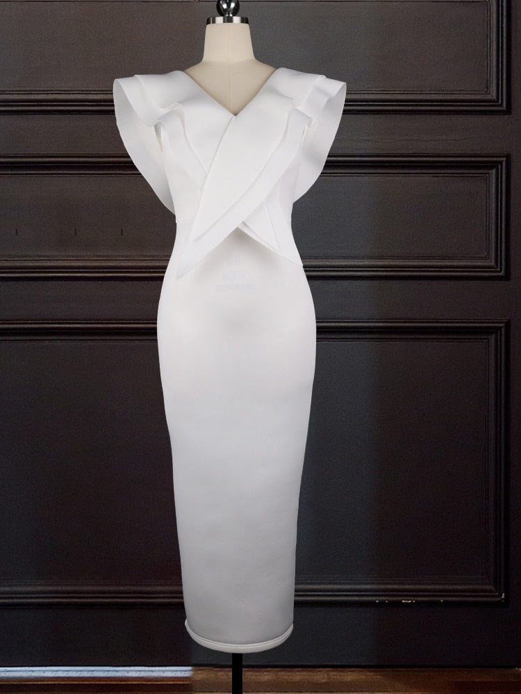 Women White Long Dress V Neck Ruffles Sexy Party Celebrate Bodycon Event Occasion Vestidos Female Robes Night Date Out Clubwear