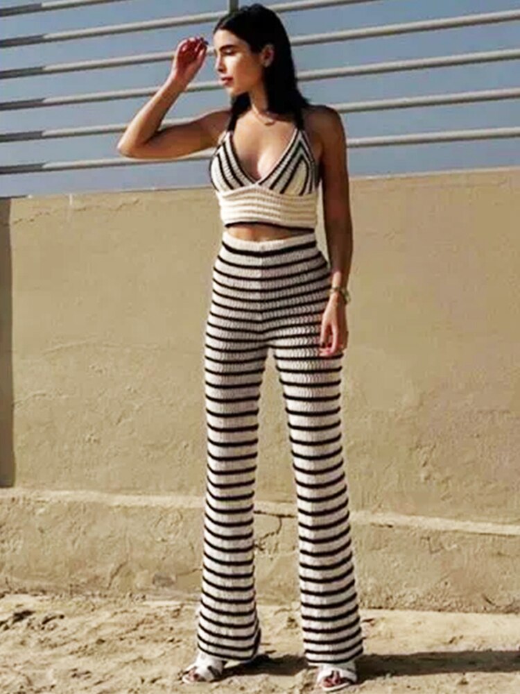 Knitted Two Piece Set Long Sleeve Crop Top Beach Sexy And Bodycon Trousers Summer Women Outfits Party Club