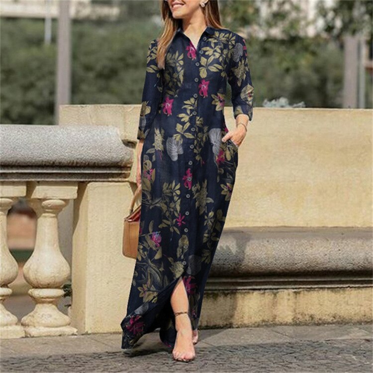 sixsr Fall Outfits Autumn Vintage Floral Printed Cotton Dress Women Casual Lapel Collar Button Up Dresses Bohemian Vestidos Long Robe