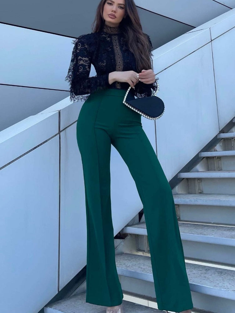 Spring Autumn New Slim Solid Tone Flare Pants Fashion Korean Version Elastic Waist Street Dress Women Suit Wide Leg Pants