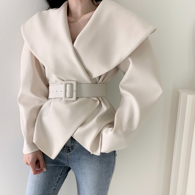 Sixsr Women Spring Autumn Short Blazer Coat with Belt Big Lapel Collar Female Full Sleeve Cardigan Outerwear