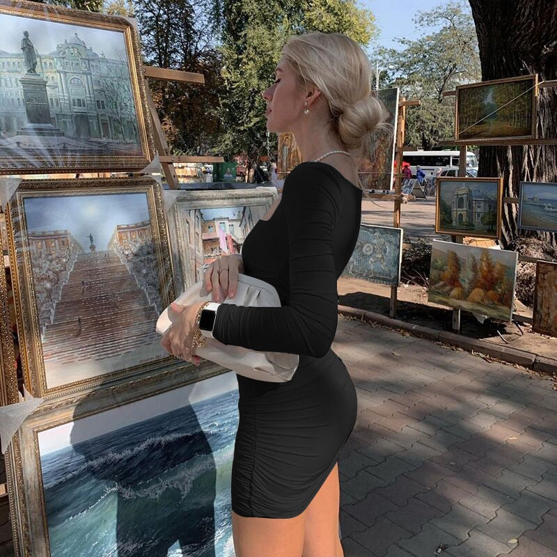 sixsr Hot Sale White Long Sleeve Dress For Women Black Vestido de Mujer Robe Femme Autumn Spring Ruched Elegantes Bodycon Dresses