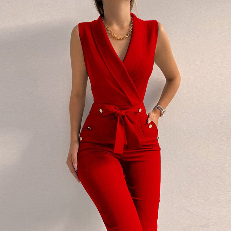 New Solid Casual Women Summer Jumpsuits V-Neck Lace-Up Sleeveless Wide Leg Pants Button Ladies Bodysuits Streetwear