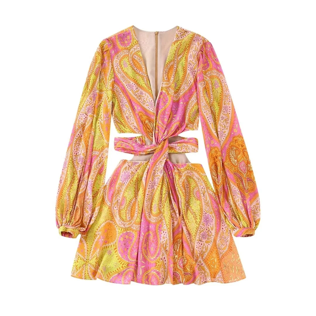 Summer Women Elegant With Print Hollow Out Mini Dress New Pleated Full Sleeves Tied V-Neck Back Zippers Vintage Vestidos