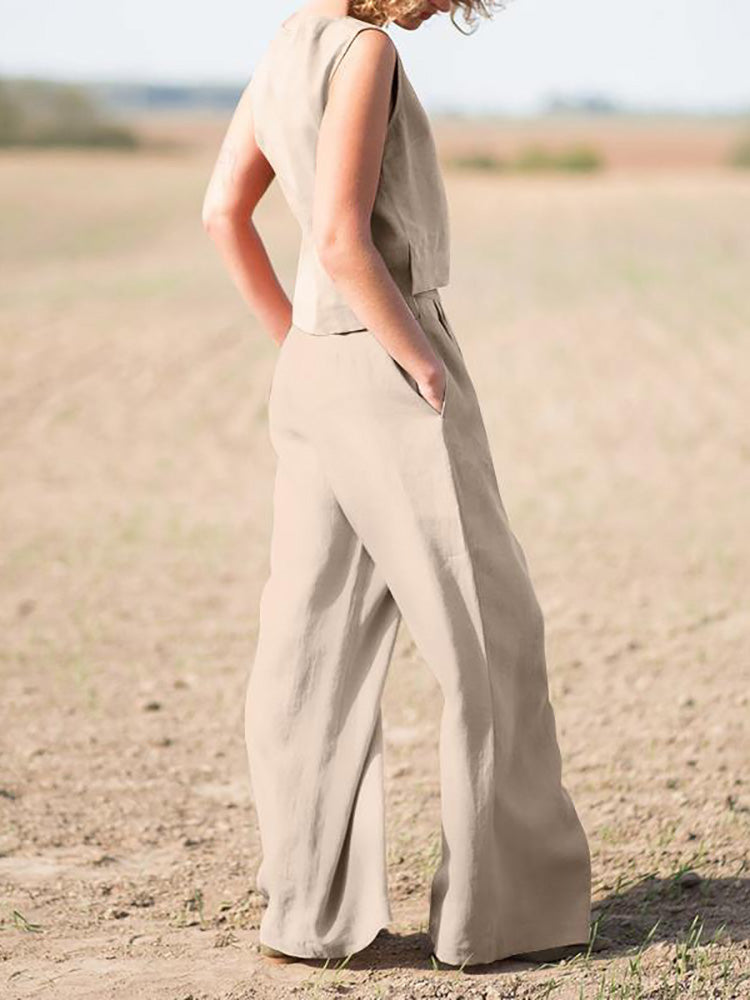 sixsr Summer Outfits Casual Summer Women Set Vintage Sleeveless Blouse O-Neck Top + Straight Wide Leg Pants Suit Two Piece Solid Color Sets