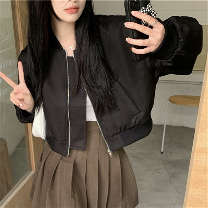 Chic Jacket for Women Spring New Long Sleeve Stand Collar Korean Zippers Oversized Coats Solid Casual Y2k Jackets