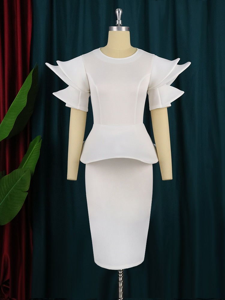 Women White Party Dresses Stylish Short Sleeves Ruffles Peplum Bodycon Christmas Event Birthday Wedding Guest Female Large Size