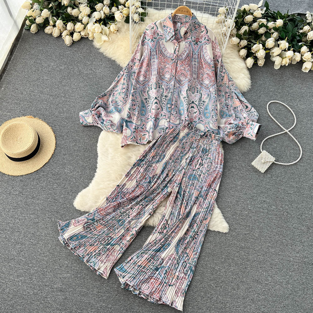 sixsr Women's Dress Spring Retro Print Casual Set Design Batwing Sleeve Single Breasted Blouse+High Waist Long Pants Two Piece Suits
