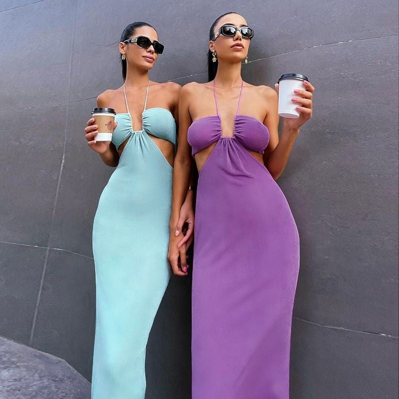 Sexy Hollow Out Corset Maxi Dress Party Dress Women Halter Cut Out Wrap Split Long Dresses Summer Backless Clubwear Midi Robe