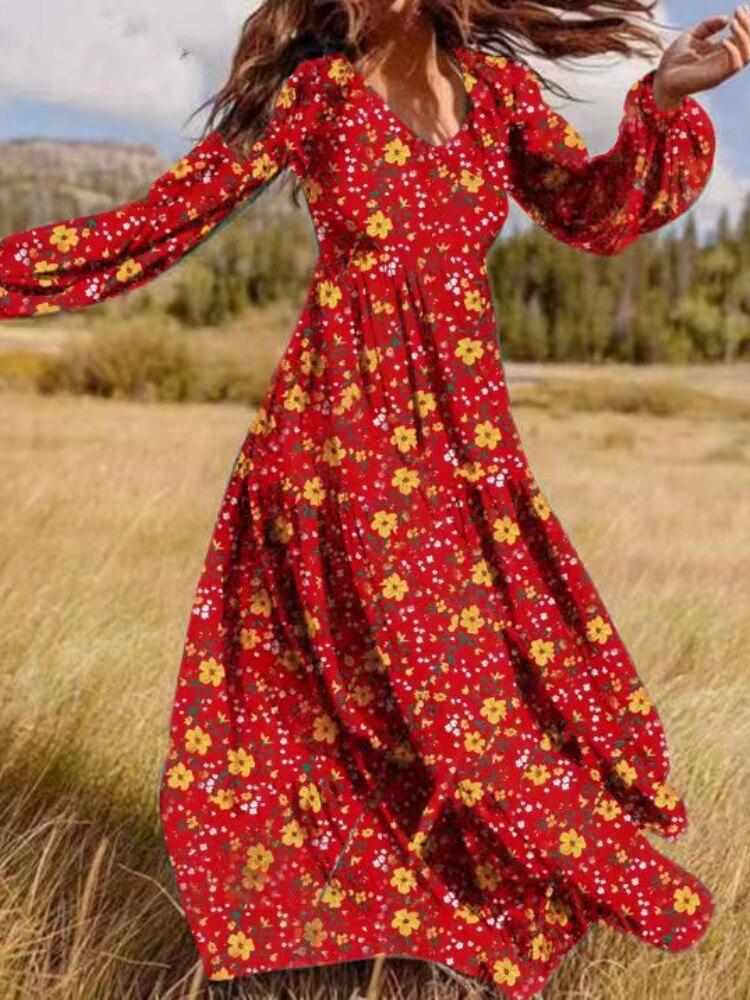 V Neck Long Sleeve Patchwork Solid Color Dress