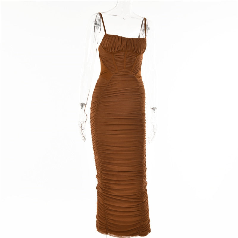 Summer Woman Dress Ruched Maxi Dress Bodycon Mesh Sexy Dress Stretchy Spaghetti Strap Dresses Elegant Long Evening Party Dresses