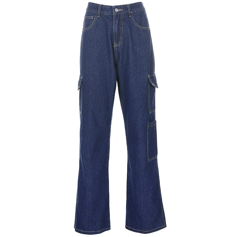 Sixsr Fashion Streetwear Women Jeans Pocket High Waist Jeans Korean Casual Straight Harajuku Denim Pants Baggy New Cargo Pants
