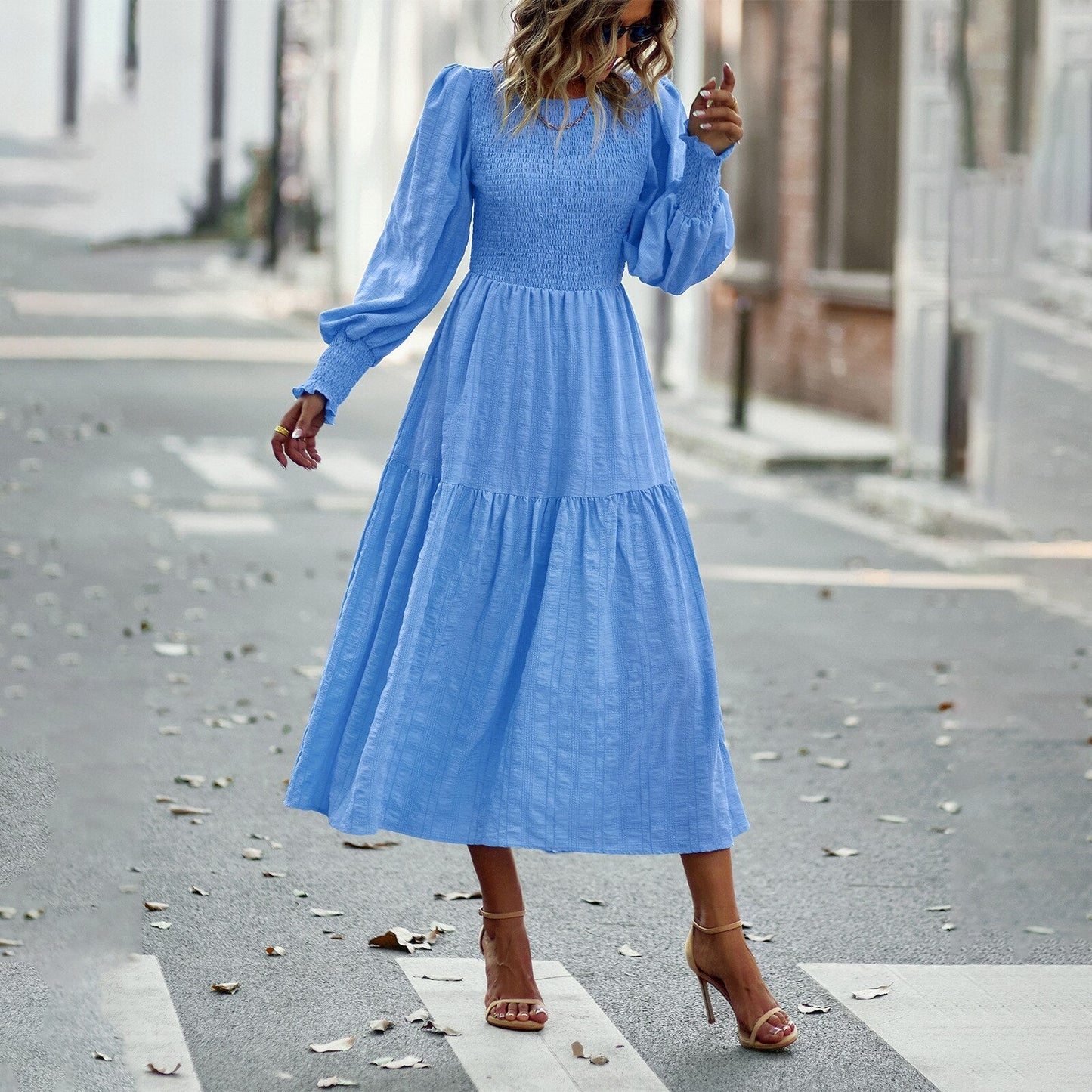 Spring Casual O Neck Lantern Sleeve Dress Women Loose Elegant Solid A-line Dress Lady Simple High Waist Klein Blue Dress