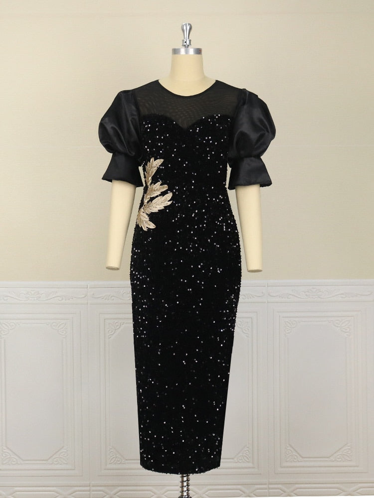 Sixsr Womens Fashion Women Black Long Dress Sequined Shiny Glitter Embroidered Chest Wrapped Puff Sleeve Classy Winter Fall Party Celebrity Birthday