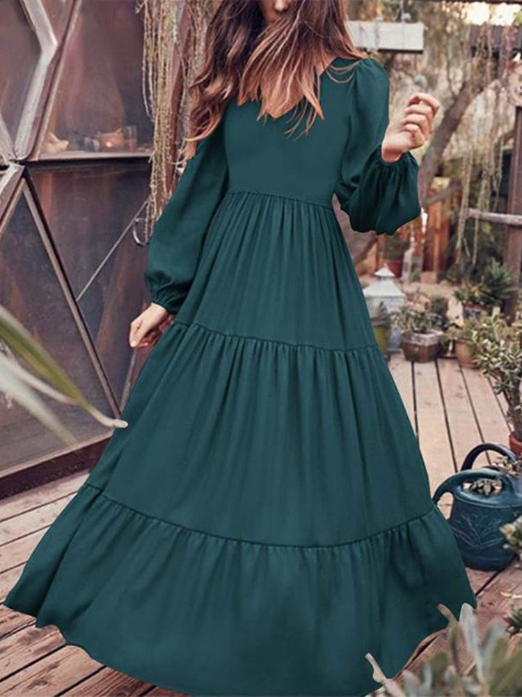 V Neck Long Sleeve Patchwork Solid Color Dress